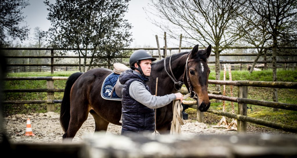 Valentin Mainier travaillant avec un jeune cheval pour la première fois.